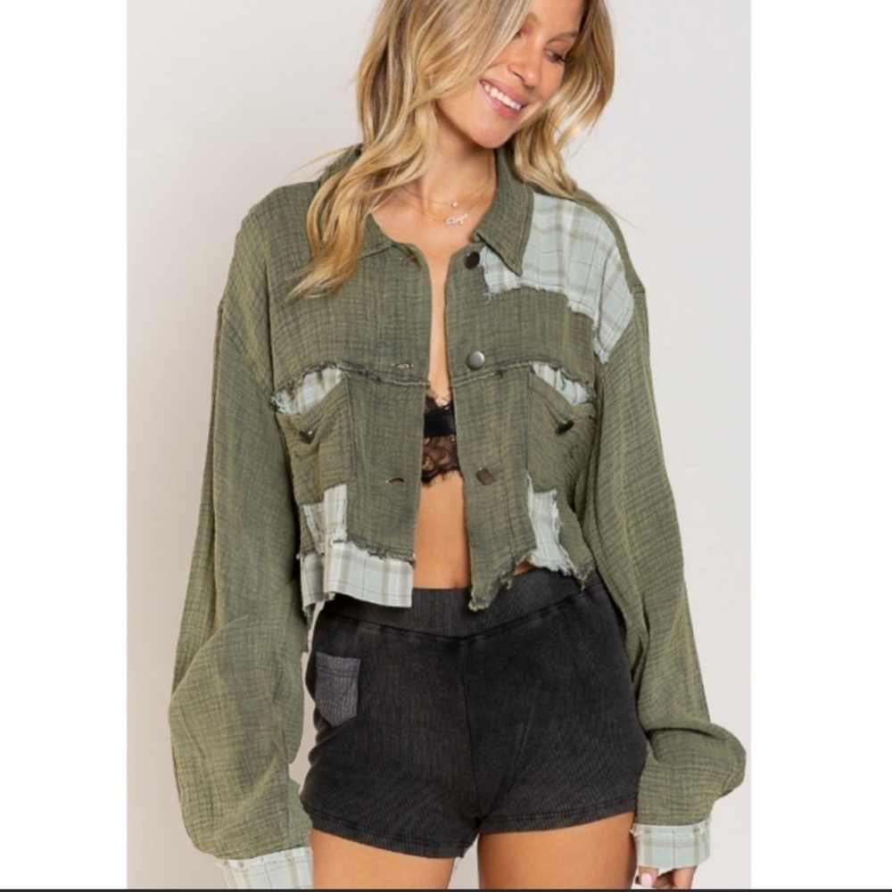 POL Olive and Plaid Crop Top  jacket